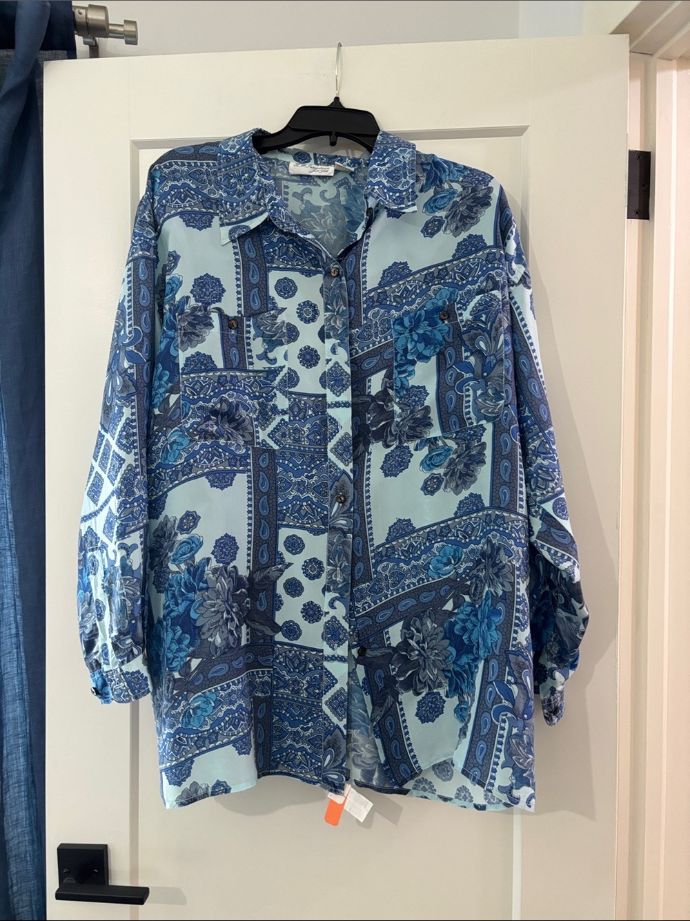 Blue Silk Floral Button-Up Blouse - Women